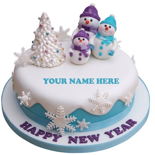 White and blue New Year cake with snowman family, Christmas tree, and snowflakes.
