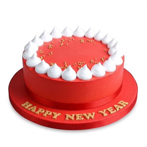 Round red Happy New Year cake with white piped cream and gold sprinkles on a red board.