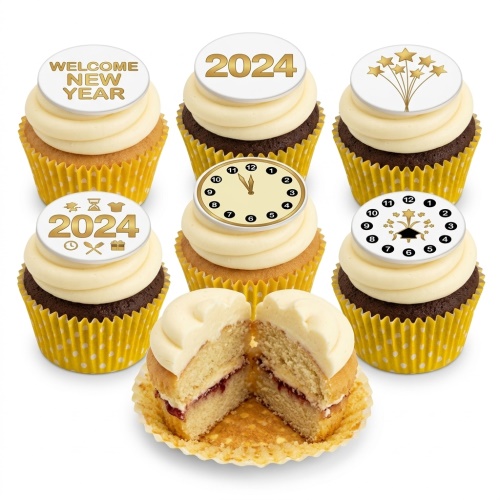 A selection of New Year themed cupcakes with white frosting and yellow wrappers. Toppers include 'Welcome New Year', a clock at midnight, fireworks, and a custom year.