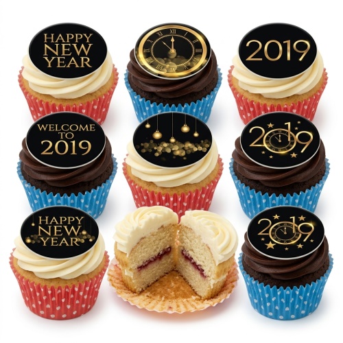 New Year cupcakes with gold and black toppers, clocks, and "Happy New Year" messages.