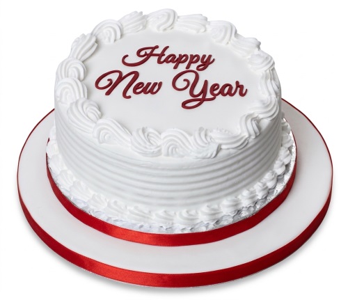 White round cake with 'Happy New Year' in red script and a red ribbon.