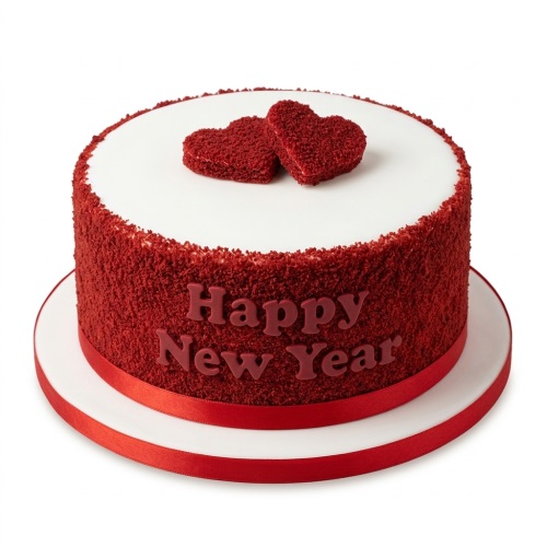Round red and white New Year cake with two red hearts and "Happy New Year" message.