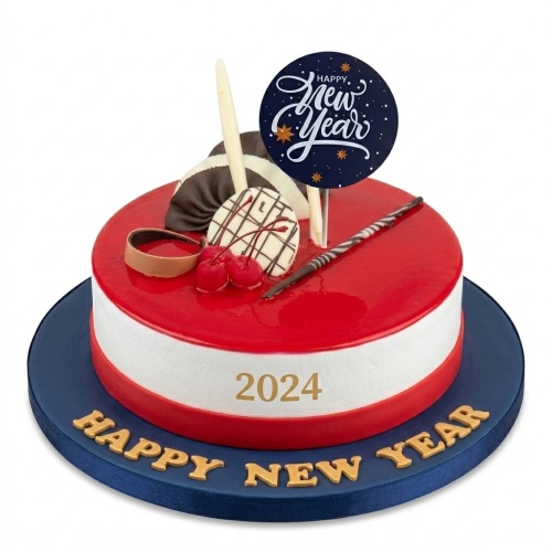 Round New Year cake with red glaze, white band, chocolate decorations, cherries, and 'Happy New Year 2024' text.