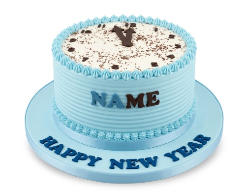 Light blue New Year's Eve clock cake with personalised name and 'Happy New Year' message.