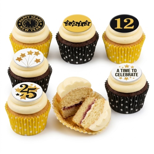 Assortment of cupcakes with gold star, clock, and custom age/year toppers in yellow and black cases.