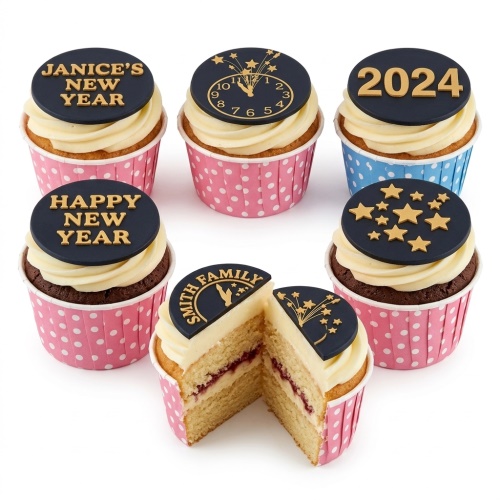 New Year cupcakes with dark blue and gold toppers featuring clocks, stars, and custom messages.