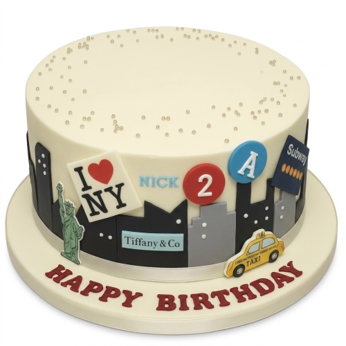 Round New York City theme birthday cake with skyline, Statue of Liberty, taxi, and custom age "2" and name "NICK".