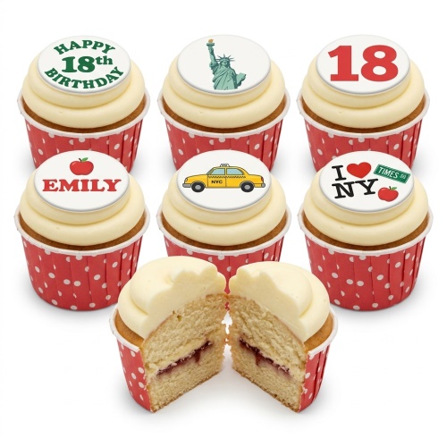 Vanilla cupcakes with white frosting and New York City themed edible toppers, including Statue of Liberty, yellow taxi, I Love NY, and custom age/name.