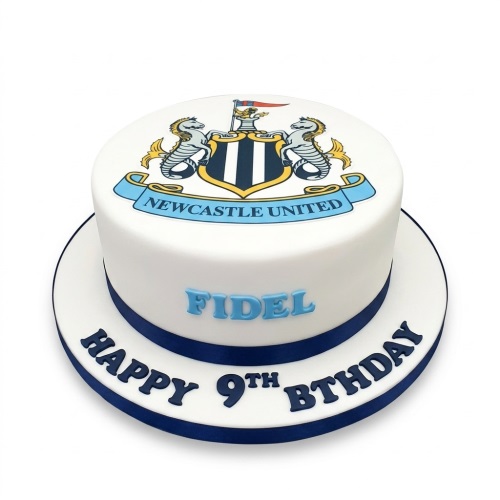 Round white fondant cake with Newcastle United football club crest and custom name and age.