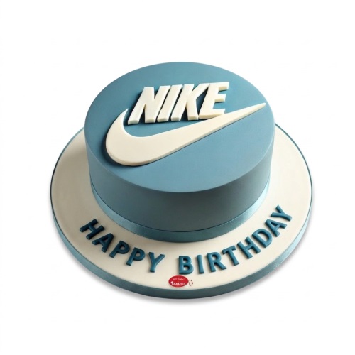 Round blue birthday cake with a white Nike logo on top and 'Happy Birthday' written around the base.