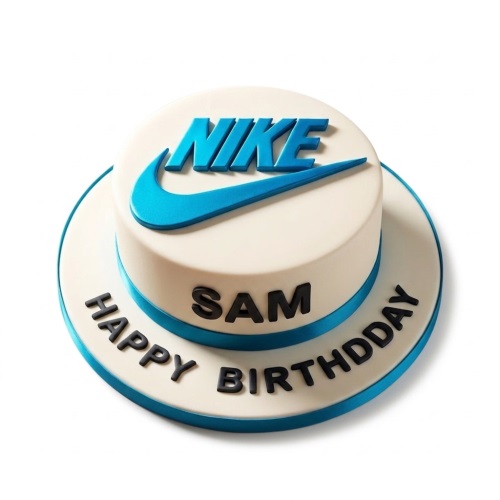 Round white cake with blue Nike logo and ribbon, with a custom birthday message.