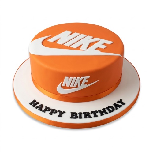 Orange round Nike birthday cake with white logo and 'Happy Birthday' message.