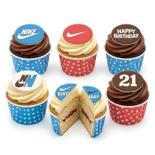 Cupcakes with Nike logos, Happy Birthday message, and custom age topper.