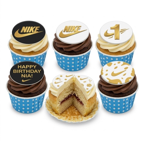 Set of six Nike themed cupcakes with white and chocolate frosting, featuring Nike logo and custom age toppers.