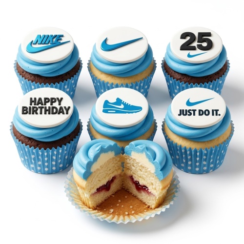 Cupcakes with blue frosting and white toppers featuring Nike logos, a trainer, "Happy Birthday", and a custom age topper.