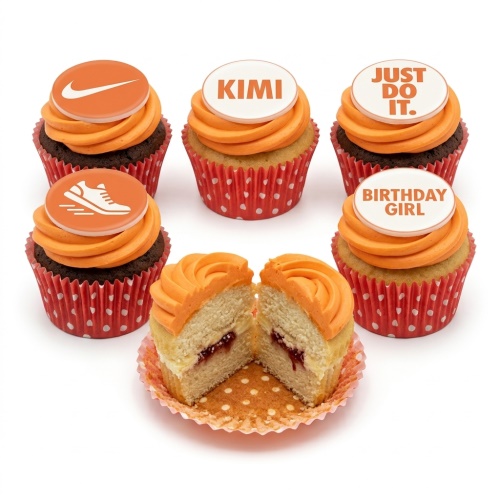 Orange sports theme birthday cupcakes with running shoe icon and "Just Do It." message.