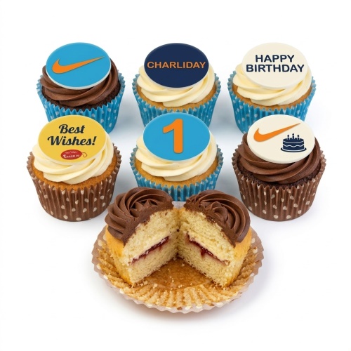 Assortment of personalised birthday cupcakes with custom logo, age, and message toppers.