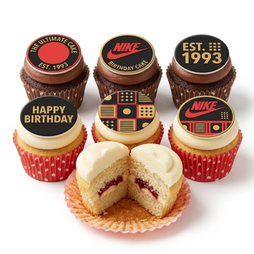 A set of Nike themed birthday cupcakes with black, red, and gold toppers. Some feature the Nike logo, 'Happy Birthday', and 'Est. 1993' messages.