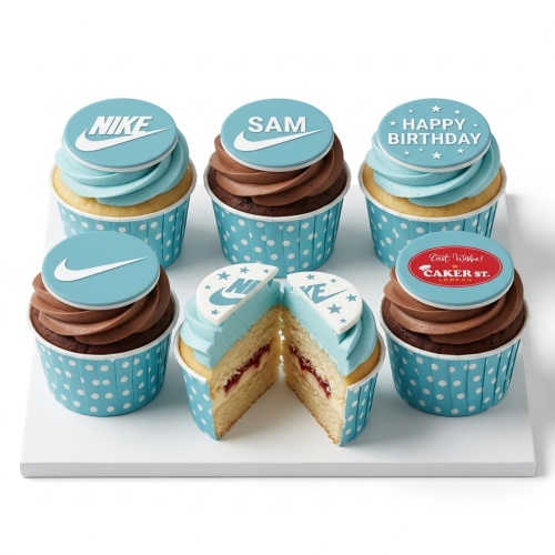 Six cupcakes with light blue and chocolate frosting, Nike logo toppers, and polka dot wrappers.