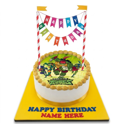 Round white Teenage Mutant Ninja Turtles birthday cake with edible image and 'Happy Birthday' banner.