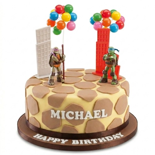 Round yellow and brown Teenage Mutant Ninja Turtles birthday cake with two turtle figurines, city buildings, and colourful balloon toppers.