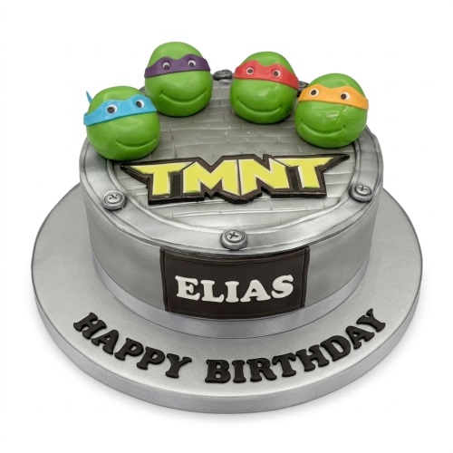Round silver Ninja Turtles birthday cake with four green turtle heads, TMNT logo, and a custom name plaque.