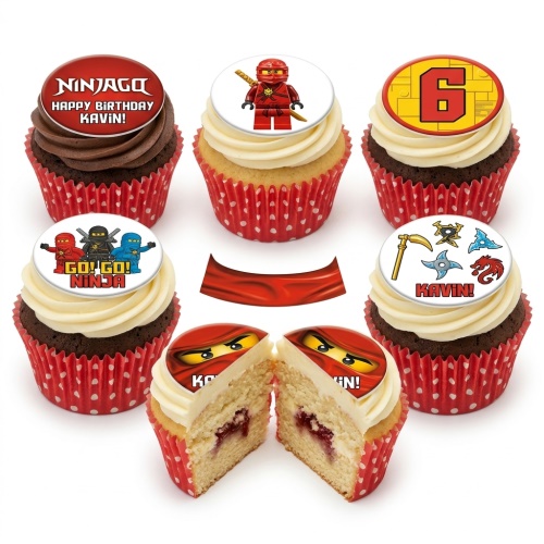 Ninjago themed birthday cupcakes with various character and weapon toppers, including a custom age topper and personalised name example.