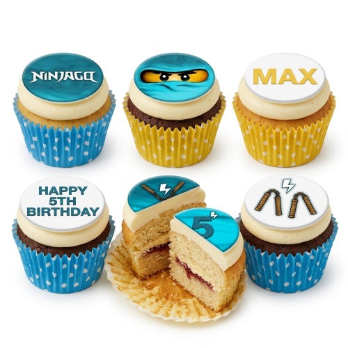Ninjago themed cupcakes with blue and yellow cases, featuring Ninjago logo, ninja mask, nunchucks, and lightning bolt toppers, with a custom age topper.