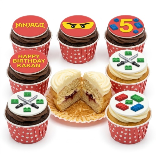 Assortment of Ninjago and Lego themed birthday cupcakes with custom age and personalised message examples.