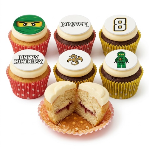 Ninjago themed birthday cupcakes with green ninja face, logo, dragon, and custom age 8 topper.