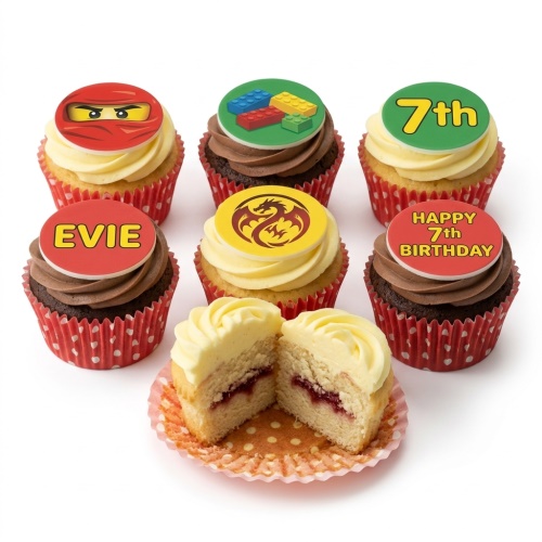 Lego and Ninjago themed birthday cupcakes with custom age and personalised name toppers.