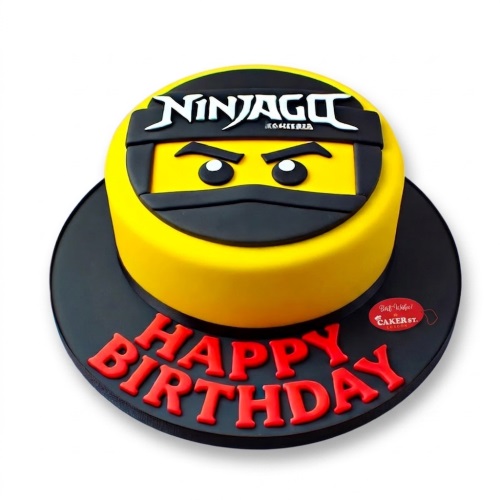 Yellow Ninjago character head birthday cake with black mask and "NINJAGO" logo.