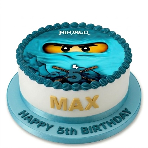 Round Ninjago birthday cake with blue ninja Jay, custom age, and personalised name.
