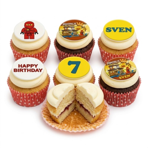 Set of Ninjago Lego themed birthday cupcakes with custom age and name toppers, on a white background.
