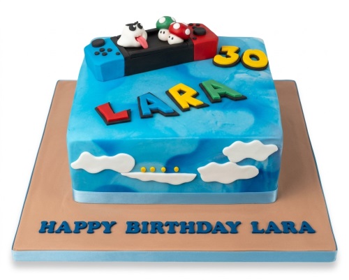 Square blue Nintendo Switch gaming birthday cake with custom age topper and personalised name.