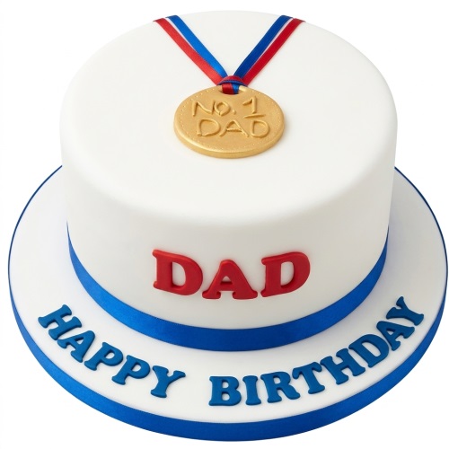 White round birthday cake with a gold 'No. 1 DAD' medal and red and blue ribbon, with 'DAD' in red and 'HAPPY BIRTHDAY' in blue on the board.