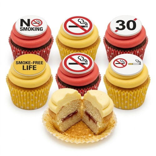 Cupcakes with red and yellow frosting and 'No Smoking' and 'Smoke-Free Life' edible toppers.