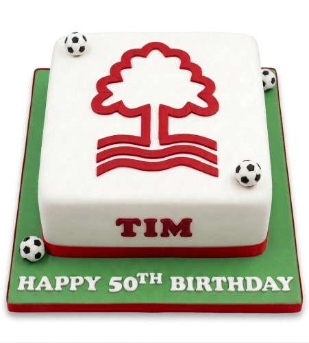 Square white cake with red Nottingham Forest logo and small football decorations, on a green board with a custom name and age message.