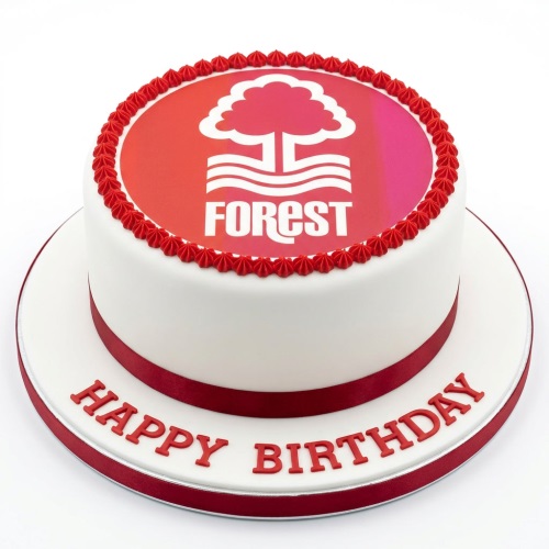 Round white birthday cake with red Nottingham Forest logo and 'Happy Birthday' message.