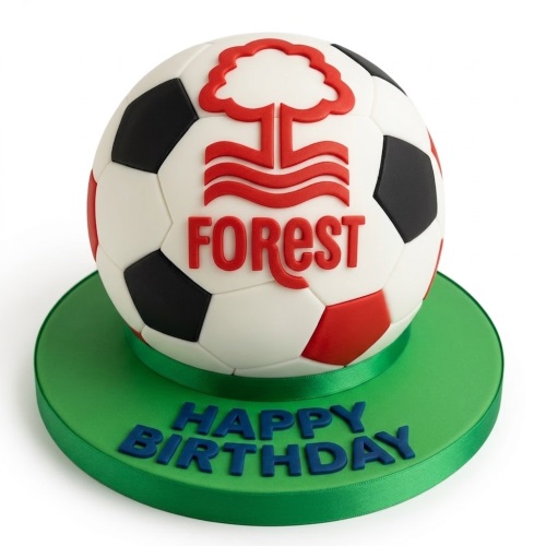 3D football cake with Nottingham Forest FC logo and 'Happy Birthday' message on a green board.