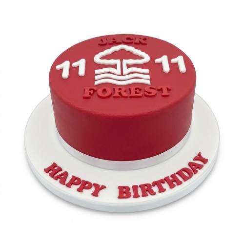 Red Nottingham Forest football birthday cake with white logo and custom age.
