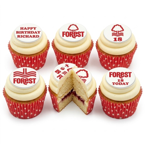 White cupcakes with red Nottingham Forest football club crest and birthday messages.