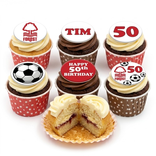 Vanilla and chocolate cupcakes with Nottingham Forest logo and football toppers, some with custom age and name.
