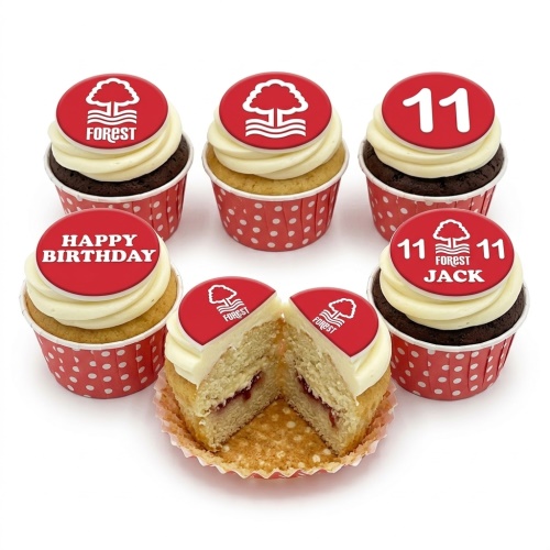 Nottingham Forest football cupcakes with club crest, custom age topper, and birthday message.