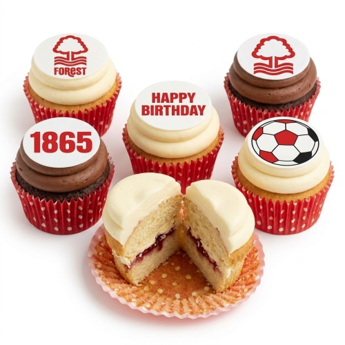 Nottingham Forest themed birthday cupcakes with club logo, football, and "Happy Birthday" toppers.