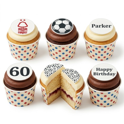 Football themed cupcakes with football, Nottingham Forest logo, custom name, and age toppers.