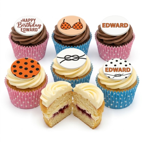 Assorted novelty birthday cupcakes with bikini, knot, and personalised 'Happy Birthday' toppers.