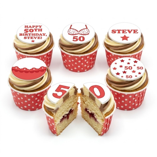 Cupcakes with red polka dot cases, swirl frosting, and edible toppers featuring a bra, stars, and custom age design.