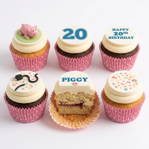 Set of cupcakes with a pink pig topper, custom age topper, personalised 'PIGGY' topper, plug decoration, and colourful sprinkles.