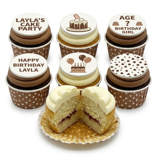 Assortment of rude and funny birthday cupcakes for her, with custom age and adult humour toppers.